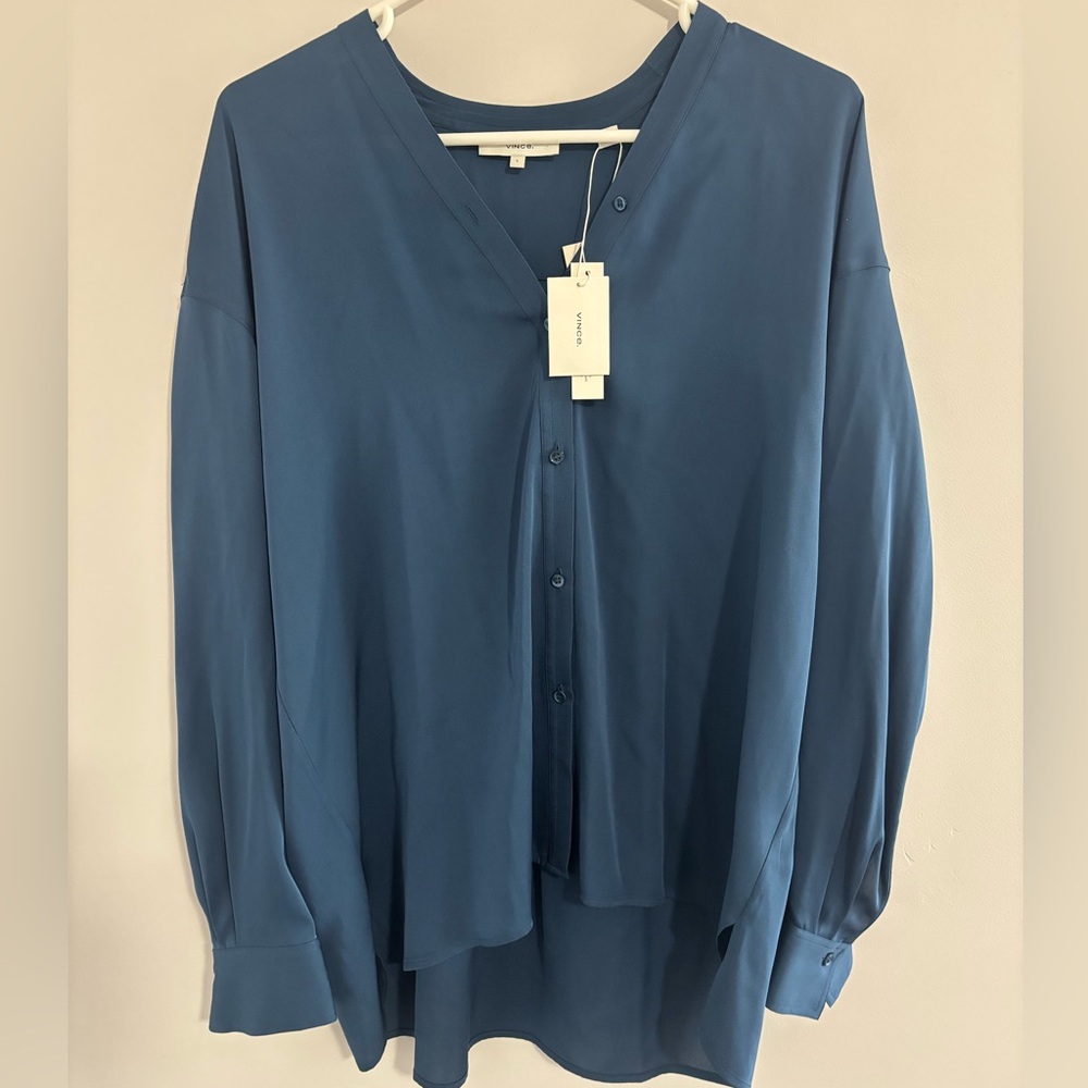 NWT Vince Deep Blue V-Neck Silk Blouse Size Large